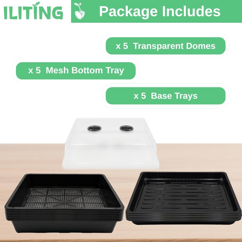 Soil Blocking Trays 5-Set 15x12inch Mesh Trays Flat Plant Tray with Humidity Domes, Nursery Supply for Microgreen, Seed Starting, Indoor Gardening, and Greenhouse