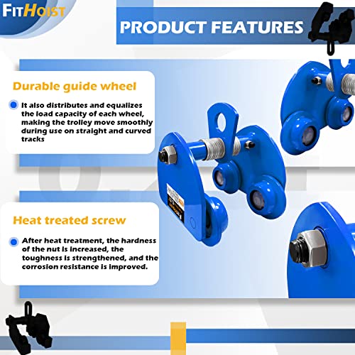 Fithoist Manually Trolley 1/2 Ton | 1100Lbs Capacity Steel Push Beam Trolley | Adjustable For I-Beam Flange Width 3" To 5" | Plain Trolley Crane With Four Sturdy Wheels #TOP5