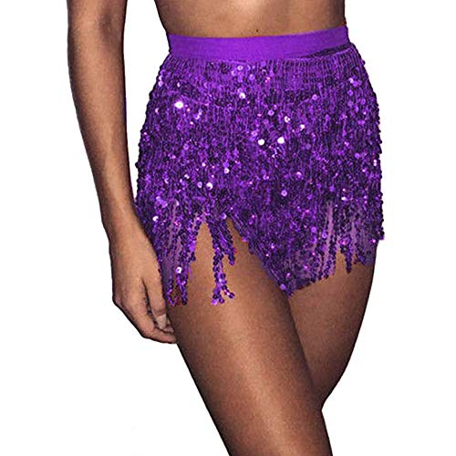 GFEU Ceinture de danse du ventre avec 120 pièces de monnaie à paillettes et pompons pour danseuse - Violet - Taille Unique Cover