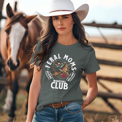 Image of Mama Shirts for Women Cool Feral Moms Social Club T-Shirt Vintage Western Graphic Shirt Funny Mothers Day Tee Tops