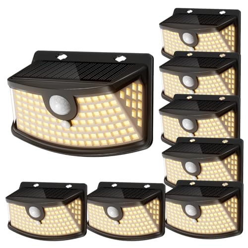 Aootek New Solar Motion Sensor Lights 120 LEDs with Lights Reflector,270° Wide Angle, IP65 Waterproof, Step Lights for Front Door, Yard, Garage, Deck (Black, Warm White, 8-Pack)