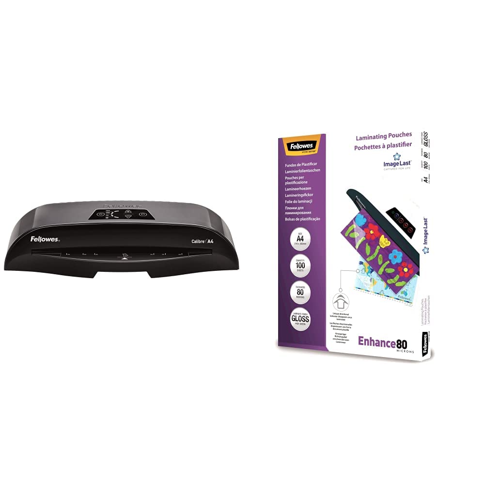 Fellowes Calibre A4 Laminiergerät für 80-125 Micron Folien, Inkl. 10 Gratis Folien, Schwarz/Grau & 5306114 ImageLast Laminierfolien, 80 Mikron (2 x 80 mic), 100 Stück