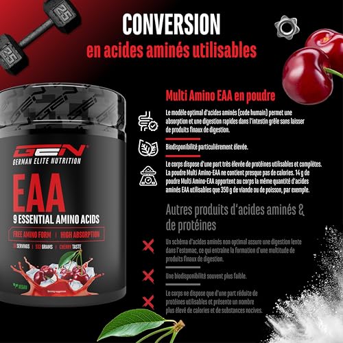 Poudre d'EAA 532 g - Les 9 acides aminés essentiels, y compris l'histidine et les BCAA - Formule Human Code - Boisson d'entraînement aminé - Super solubilité - Vegan (Cerise) – Image 3