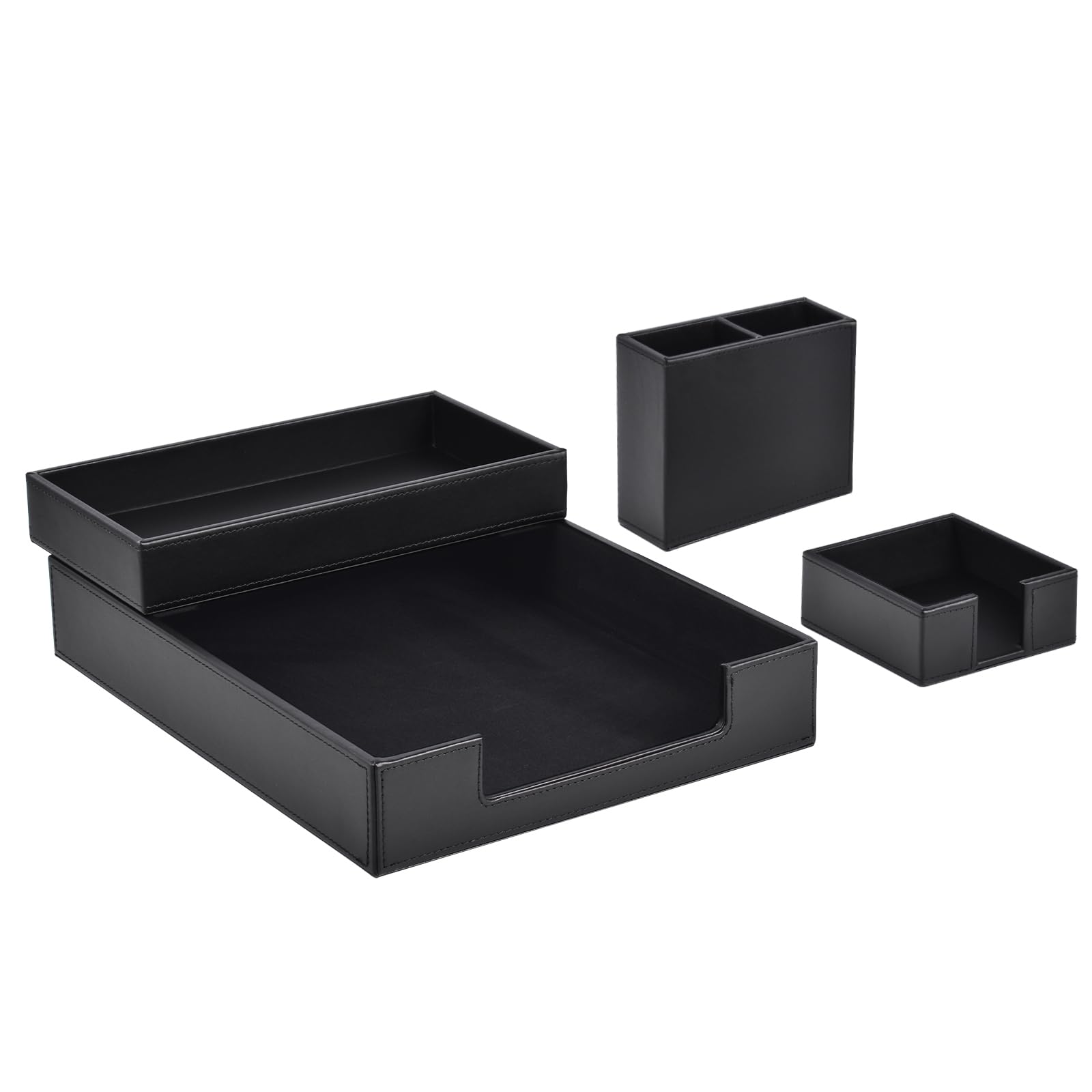 Juego de 4 piezas de cuero para suministros de oficina/organizador de escritorio para bandeja de papel de carta, soporte para notas adhesivas, taza para bolígrafos, bandeja apilable para