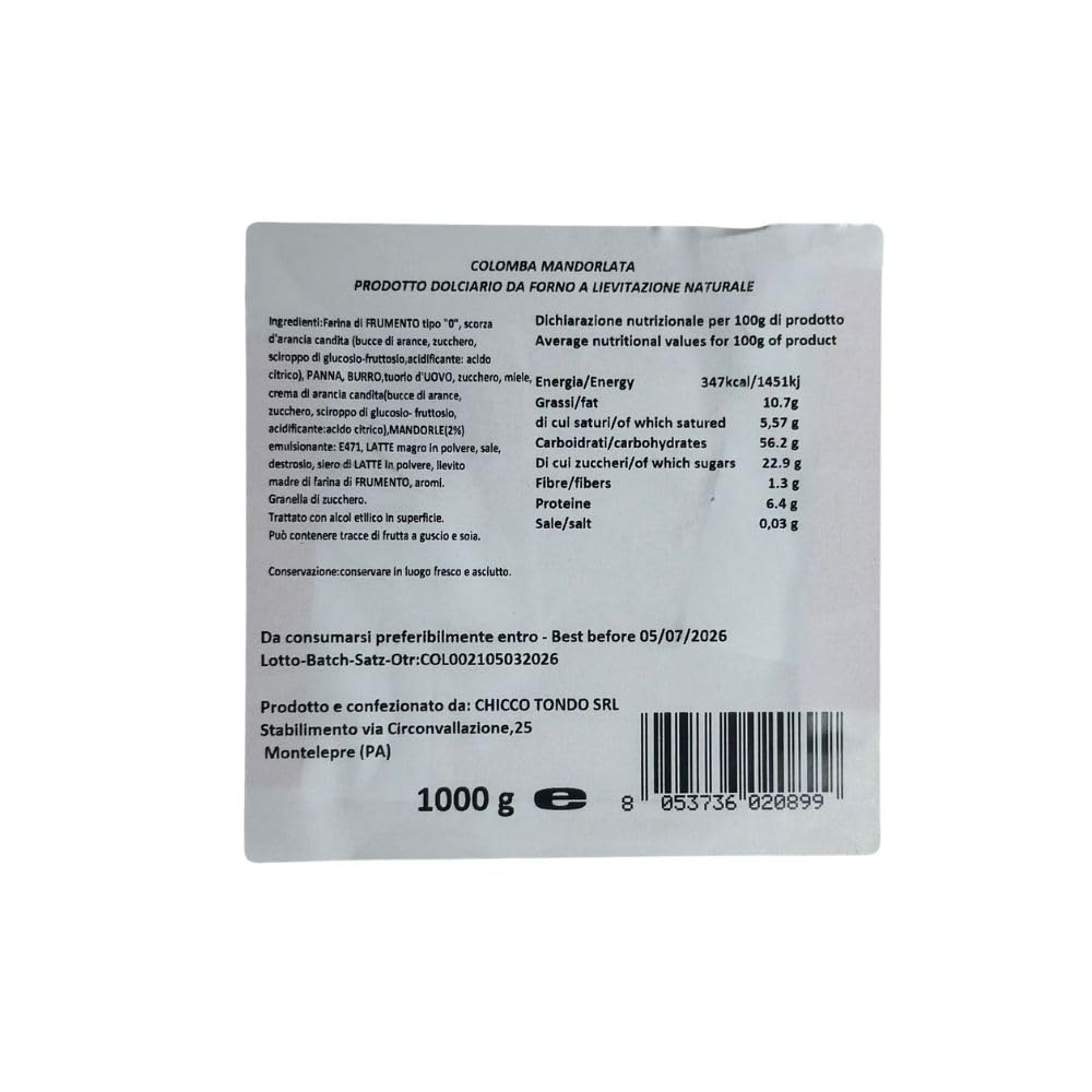 Colomba artigianale a lievitazione naturale Mandorlata con scorze di arancia- 1 kg