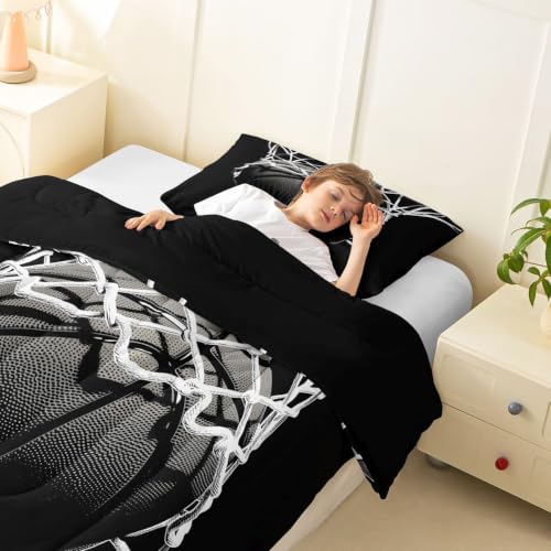 Image of Feelyou 3D Basketball Comforter Set Toddler Size Ball Pattern Bedding Set for Kids Boys Girls Sports Theme Duvet Quilt Bedroom Decor Microfiber 2 Pcs with 1 Pillow Case