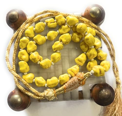 Image of Yellow Zade Stone Necklace with Golden Braided Cord and Tassels, Handcrafted Beaded Design
