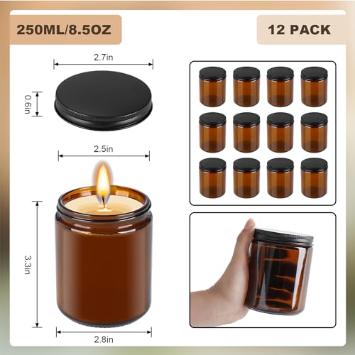 6 Pack Amber Glass Jars, 8 Oz Thick Amber Round Glass Jars, with Black Metal Lids, for Spice, Liquid, Sample, Leakproof and Dishwasher Safe2