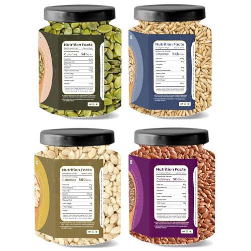 Image of LILA DRY FRUITS Roasted Seeds Combo Pack Pumpkin Sunflower Watermelon Flax Seeds 800 Grams (200g x 4) | Daily Nutrition Mix for Family & Office | Crunchy Healthy Snack Perfect for Gifting