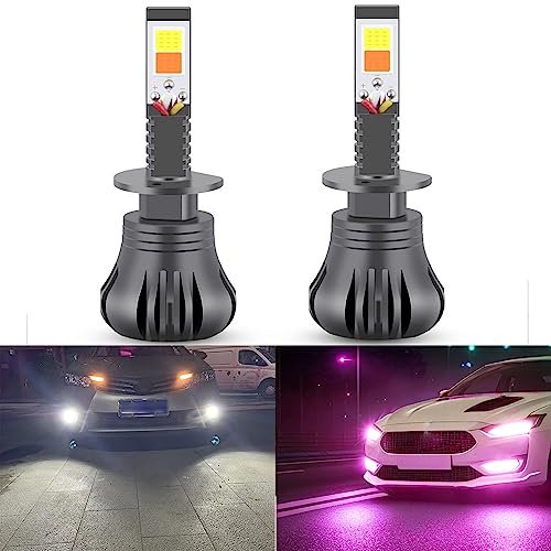 GLOFE Switchback Strobe Flash LED Bulbs White & Pink Purple H1 Super Bright Fog Light or Daytime Running Driving Lights (DRL Lamps) Replacement for Cars,Trucks, SUVs, Vans