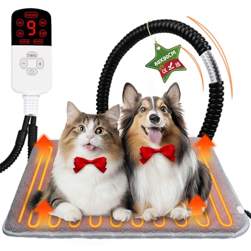 Warmfay Pet Heating Pad 60 x 90 cm, Electric Heated Pet Mat with & 9 Adjustable Temperature & 4 Timing Settings & Auto Shut Off, Anti-Bite Waterproof Safety Heated Blanket for Cat Dog