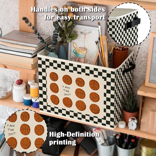 Image of Vintage Basketball Nursery Storage Bins Box with Handles, Black and White Checkered Basketball Sports Collapsible Basket Organizer for Kids Boys Bedroom Playroom Bathroom Books Clothes
