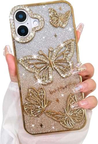Image of VONZEE Electroplated Butterfly Case Compatible with iPhone 17, Pearlescent Diamond Sparkle Soft TPU Cover, Shockproof Drop Protection, Camera Lens Guard Stylish Phone Case for Women & Girls, Gold