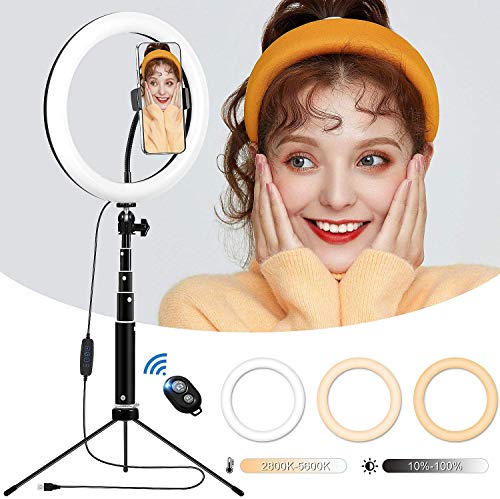 Aro de Luz con Tripode Fotografia de Escritorio, 10"/26cm Anillo de Luz con Control Remoto 3 Colores, 10 Brillos Altura Regulable, Ring Light para Tiktok Selfie Volg Maquillaje Youtube