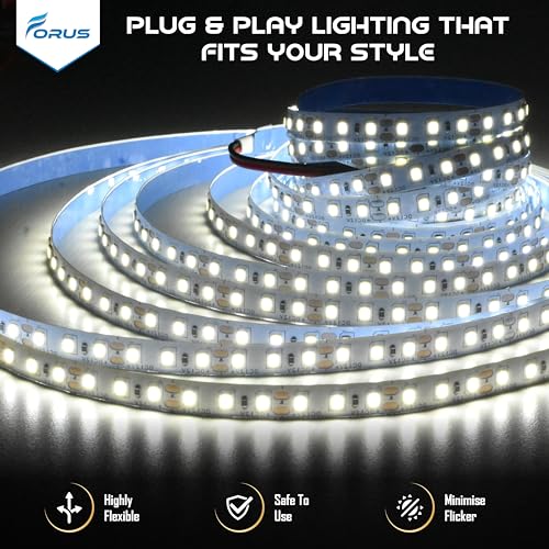 Image of Forus 5 Meter (5M) 8mm Cool White LED Strip Light, 120 LEDs /M Plug & Play Flexible Lighting for Home Decor, False Ceiling, Pooja & Living Room, Kitchen, Mirror, Stairs, 2-Year Warranty