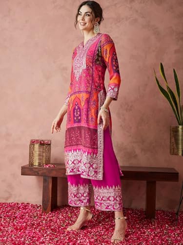 Women's Indian Ethnic Kurta Set with Dupatta Embroidered Georgette Sharara Palazzo Suit4