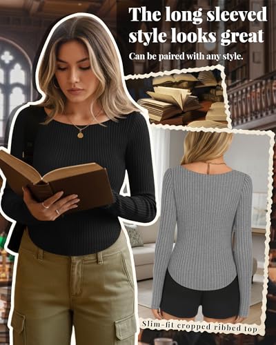 Huukeay 3 Pack Boat Neck Long Sleeve Tops for Women, Cotton Ribbed Fitted Shirts Curved Hem Crop Top Casual Basic Tees Go Out2