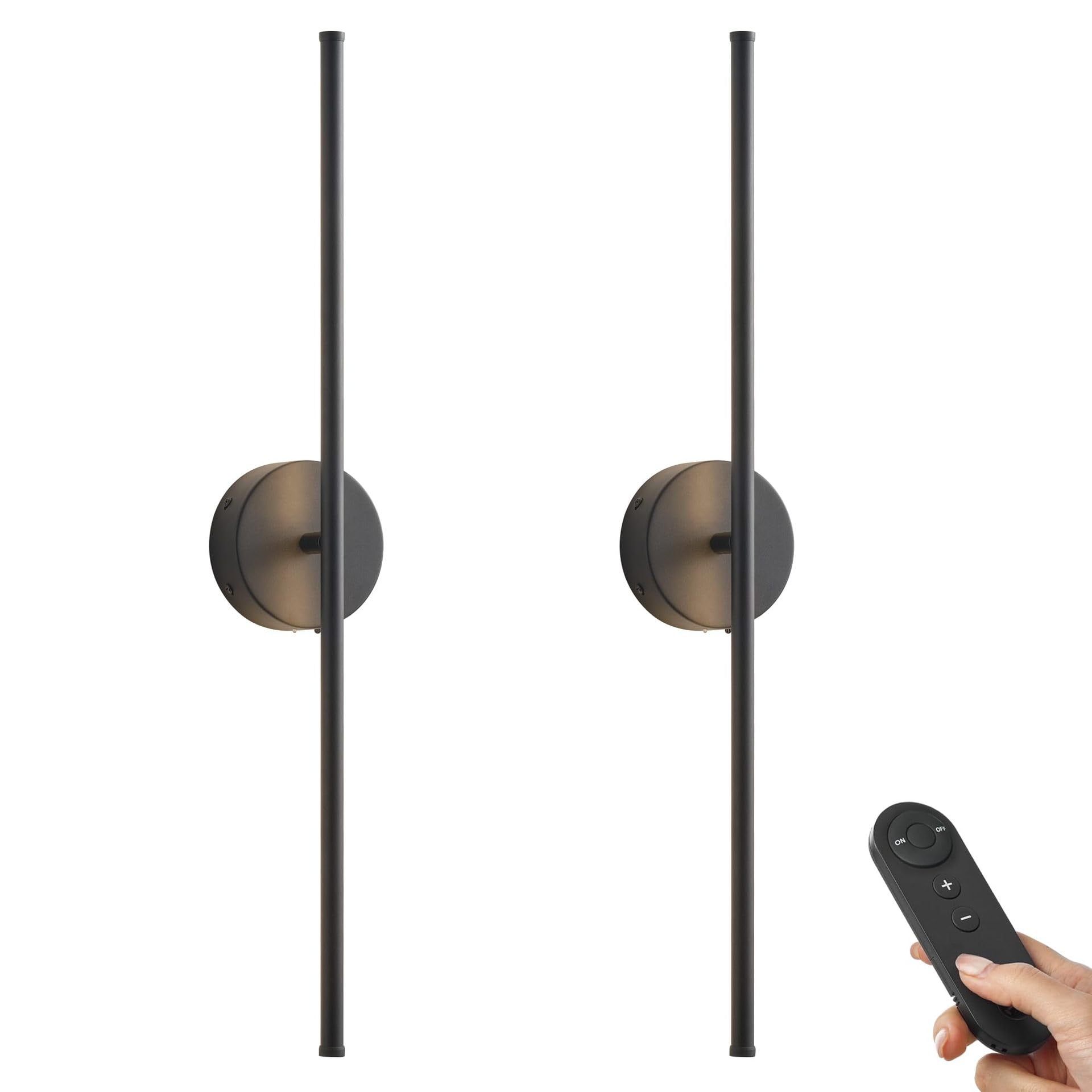 Wireless USB Rechargeable LED Wall Sconce Light (Set of Two), Cordless Dimmable 3-Light Option, 360? Rotateable with Remote Control for Bedroom, Bathroom, Living Room & Hallway (Black)