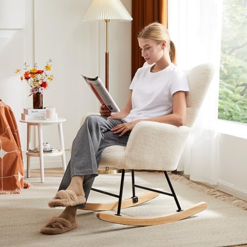 DUMOS Rocking Chair with High Backrest, Nursery Teddy Upholstered Indoor Reading Glider Chair with Comfy Seat, Glider Rocker for Bedroom, Living Room, Office, Beige by DUMOS - Image 4