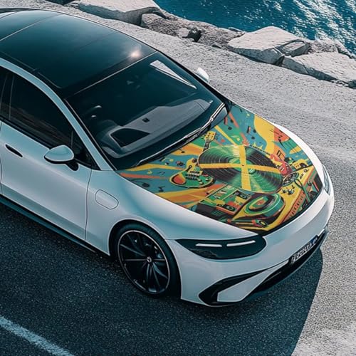 Image of Jamaican Flag Car Hood Cover Elastic Music Lover Jamaican Flag Automotive Exterior Accessories Guitar Vinyl Musical Note Pattern Sedans Hood Protection Suitable for Most Car