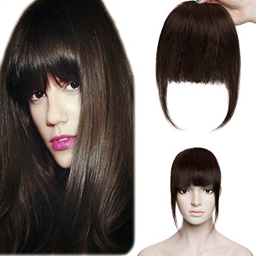 Clip in Bangs 100% Human Hair with Temples Thick Clip on Blunt Cut Human Hair Fringe for Women #2 Dark Brown