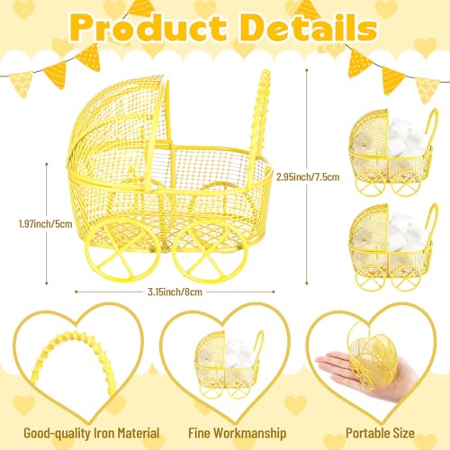 Image of Threehoney 12 Pcs Baby Shower Mini Carriage Decoration Yellow Bee Color Metal Wired Fillable Candy Stroller Baby Shower Table Centerpiece for Guest Gender Reveal Wedding Party Favor Gift