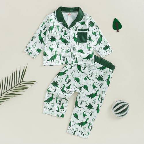 Biayxms Toddler Boy Silk Pajamas Set Button Down Dinasour Long Sleeve Shirts Tops and Pants Two Piece Satin Pj Lounge Sets2