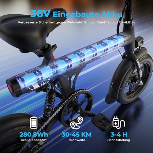 VARUN E Bike Klapprad, 14 Zoll Ebike Damen Herren mit 280.8Wh Akku, 250W Motor, Mini City E-Bike mit 3 Fahrmodi, Integrierte Nabe, LCD-Display, Pedelec Elektrofahrrad Reichweite Max 45 KM – Bild 4