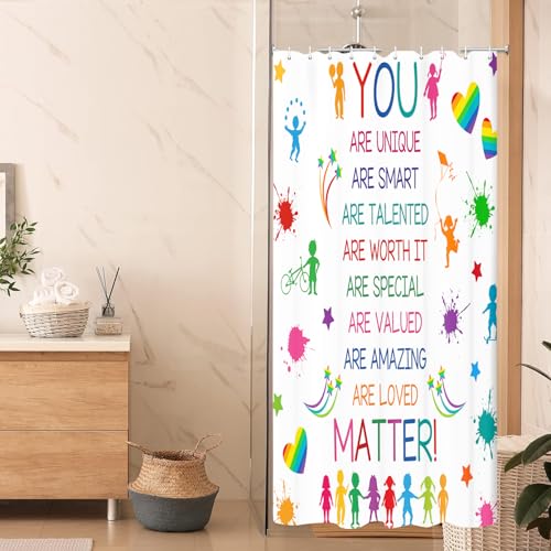 Image of Kids Educational Shower Curtain，Colorful Inspirational Quote Motivational Phrase Bath Curtain for Boy Girl Nursery, Positive Saying Waterproof Fabric Polyester Curtains with 12 Pack Hooks Plastic