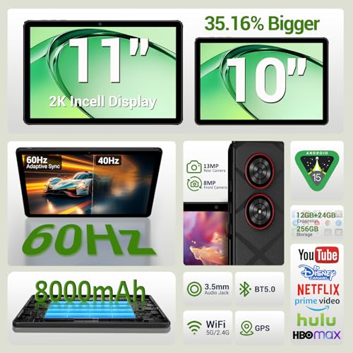 Image of 2025 Tablet 11 inch Android 15 Tablets with Keyboard Stylus Mouse: 2K IPS Tablette (2000x1200), 36GB+256GB(2TB TF), 5G /2.4G Dual WiFi, 8-Core 1.6GHz, 8000mAh,8+13MP, BT5.0 /GPS-Black