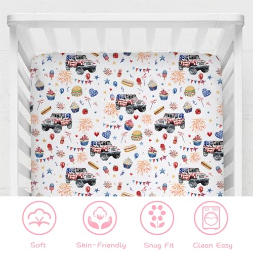 Image of American Flag Trucks Crib Mattress Sheet 52''x28'' 4th of July Patriotic Stars Burgers Stretchy Fitted Crib Mattress Sheet for Boy Girl Soft Nursery Baby Sheets for Standard Crib and Toddler Mattress