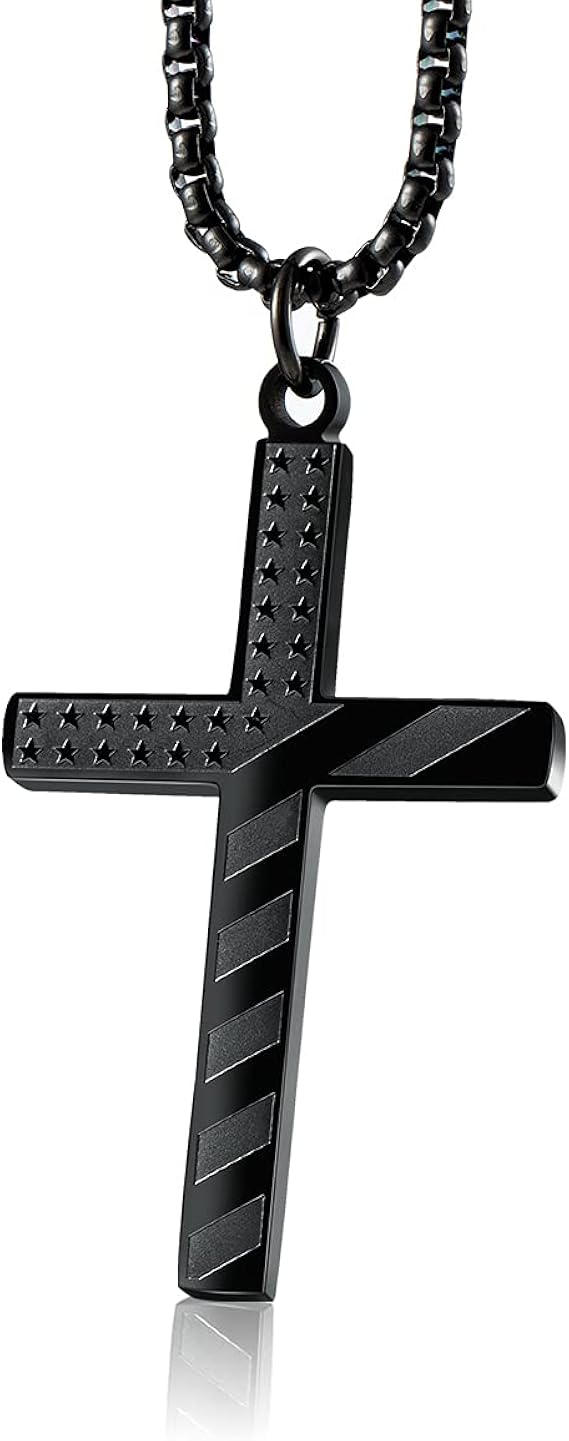Wolentty Stainless Steel American Flag Cross Necklace Engraved