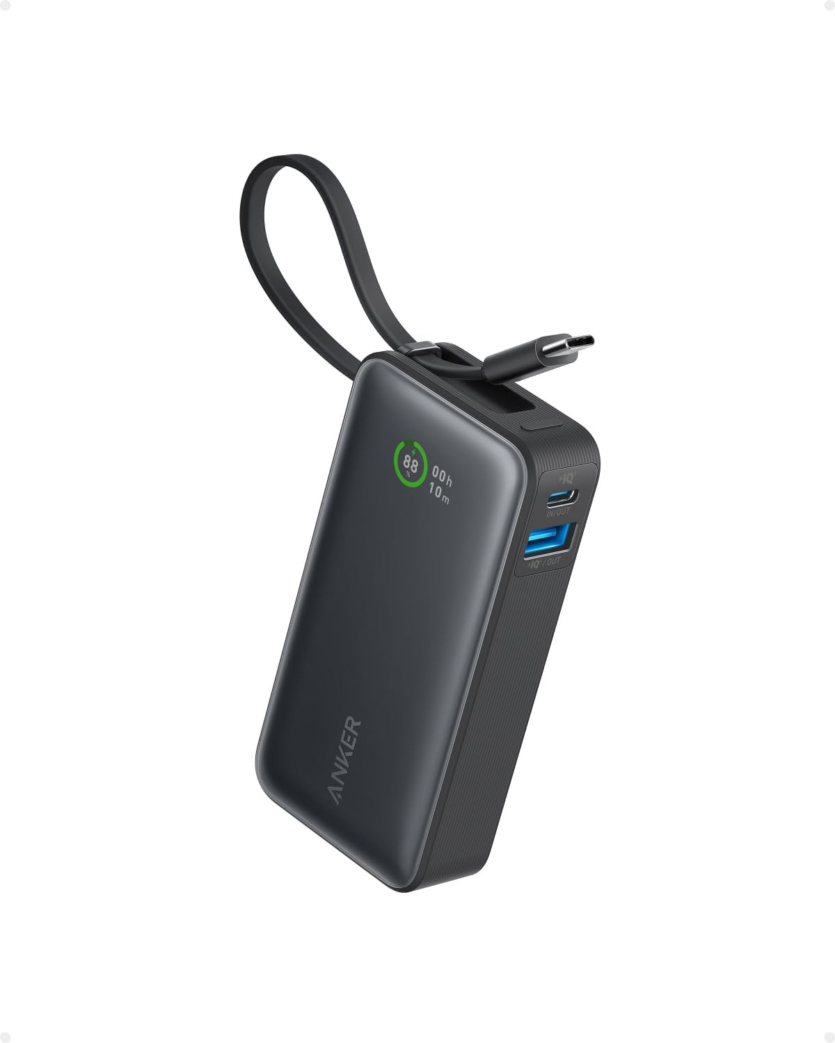 Anker Nano Powerbank, 10 000 mAh powerbank med inbyggd USB-C-kabel, PD 30 W, maximal effekt med 1 x USB-C, 1 x USB-A, kompatibel med iPhone 16/15-serien, MacBook, Galaxy, iPad, AirPods och mer (svart) - Amazon product rated Grade A