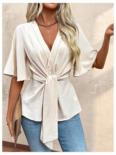 OYOANGLE Women's Textured Wrap V Neck Ruffle Short Sleeve Ruched Blouse Tie Front Tunic Tops3