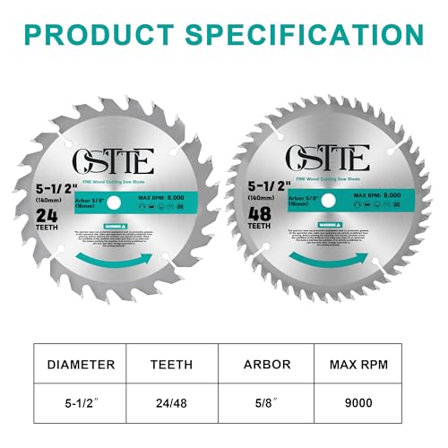 Image of 5-1 /2 Inch Circular Saw Blade 24T&48T, 5 /8 Inch Arbor, Alternate Top Bevel Saw Blades for Cutting Wood, 2 Pack