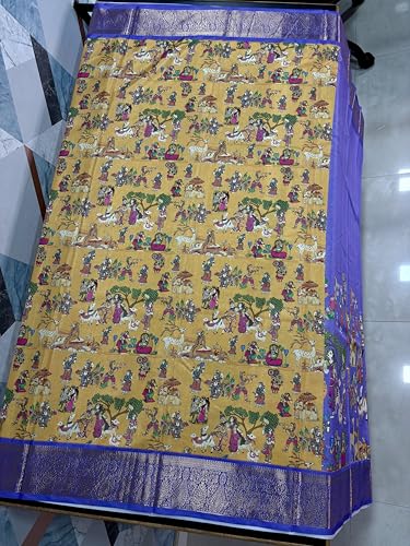 Image of Kalamkari Floral Prints Dola Silk Saree With Rich Zari Border Designer Pallu Attach Blouse Piece