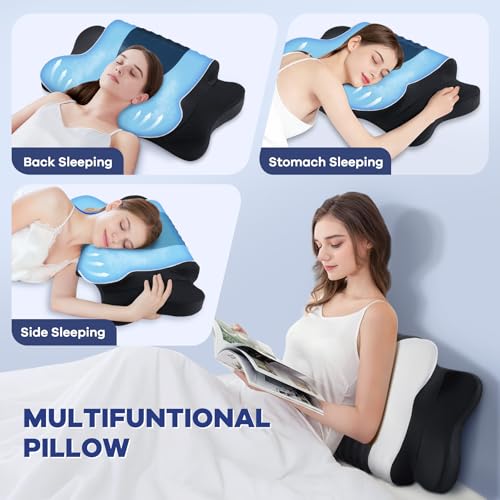 Image of Cervical Neck Pillow for Pain Relief,Cervical Pillow with Memory Foam Ergonomic Pillows with Dual Heights for Back,Stomach and Side Sleepers Kids' Floor Pillows Cushions (Dark Black, Standard 27 inchx16 inch)