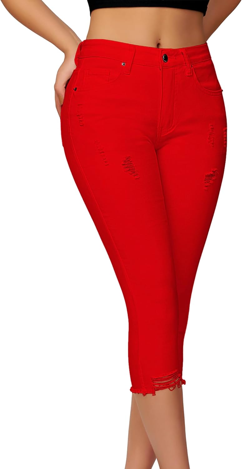 roswear Women's Capri Pants Mid Rise Skinny Ripped Stretchy Cropped Distressed Jeans