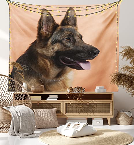 Lunarable German Shepherd Tapestry Twin Size, Close-Up Photo Of A Young Dog In Front Of Orange Backdrop, Wall Hanging Bedspread Bed Cover Wall Decor, Twin Size, Orange Brown #TOP7