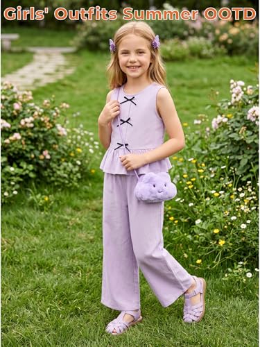 Image of Girls' Clothing Sets Sleeveless Bow Crop Top Wide Leg Linen Pants 2026 Summer Outfits Cute Kids Clothes