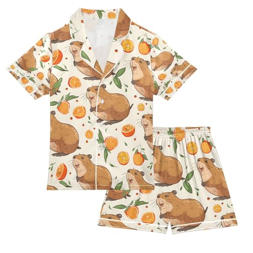 senya Capybara Orange Fruit Satin Summer Pajama Sets Silk Short Sleeve Button Down Sleepwear