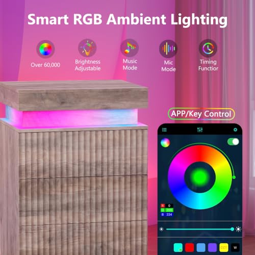 Image of Nightstand Bedside Table with Charging Station & LED Lights, Grey | RGB Lights, Hidden Sliding Top, 2 AC Outlets & 2 USB Ports, 3-Drawer Storage, Modern Fluted End Table for Bedroom