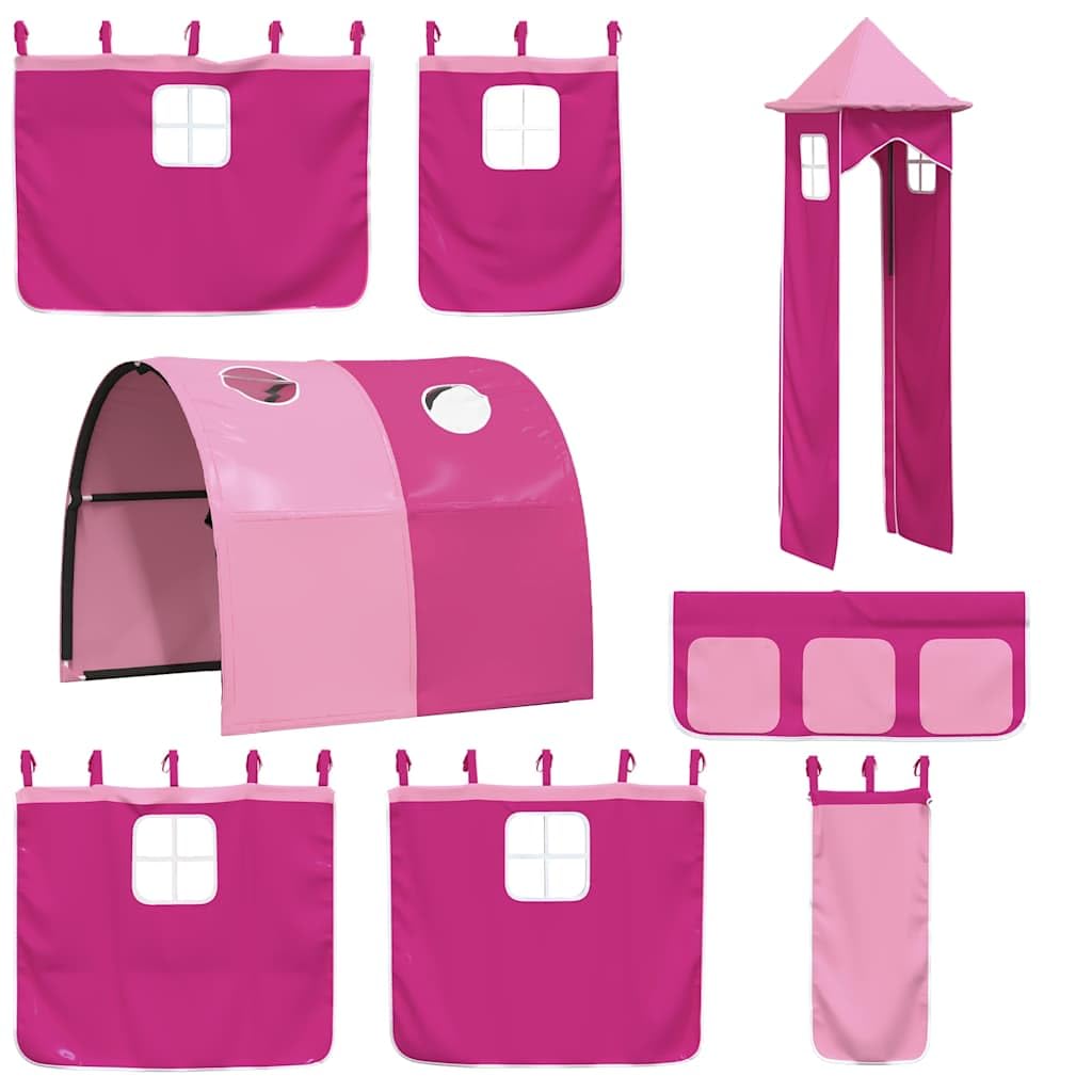 Hochbett mit Rutsche und Vorhängen Rosa 80x200 cm - Kinderbett aus Kiefer-Massivholz mit Leiter Turm Tunnel und Rausfallschutz - Spielbett für Kinderzimmer