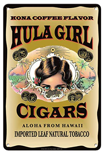Pacifica Island Art Hula Girl Brand Cigars - Kona Coffee Flavor - Aloha from Hawaii - Vintage Cigar Label by Hula Girl Store - 8in x 12in Vintage Metal Tin Sign