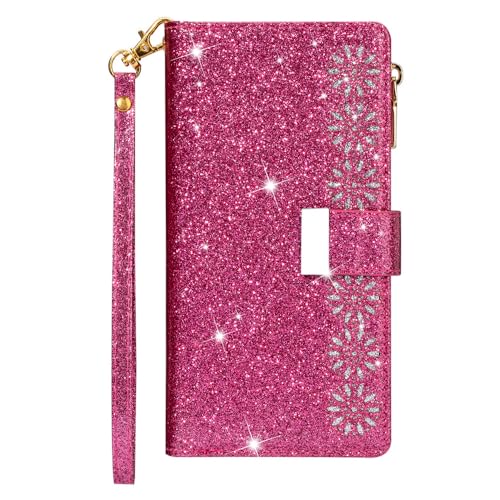 Étui Samsung Galaxy S22 Plus rose vif à rabat en cuir à paillettes
