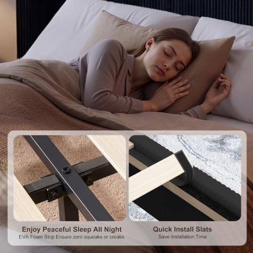 Image of HOWE King Size Bed Frame with 50.8 Inch Corduroy Wingback Headboard, Black | Modern Upholstered Platform Bed, Solid Wood Slats, No Box Spring Needed, Noise-Reducing Design