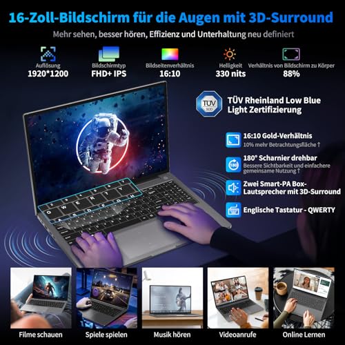 Blackview Laptop Acebook 12 Intel Core I5-1030NG7, 16 Zoll FHD, 16GB DDR4, 512GB SSD 2TB,Win11 Pro Notebook, 57Wh Mega Akku/ 67W Schnellladung, HDMI 2.0, Tastatur QWERTY, USB 3.0×2, Dual-Band 5G WiFi – Bild 4