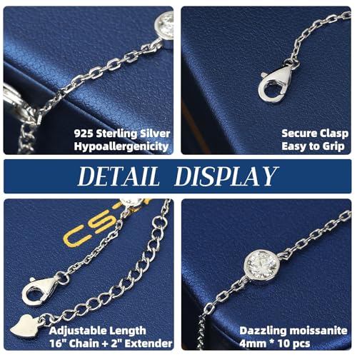 3CT Moissanite Necklace for Women, 925 Sterling Silver Adjustable Station Necklace (16"-18"), Choker Chain with Bezel Set, Dainty Fine Jewelry Gift3