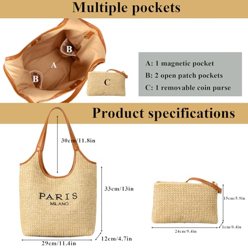 Bolso Tote de paja para mujer con cartera desmontable miniatura 4