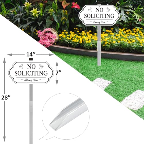 Image of Heavy Duty No Soliciting Sign for House - All Metal Construction No Soliciting Yard Sign - 14 inch x 7 inch - Aluminum - with 28 inch Long Stake (BLACK and WHITE)